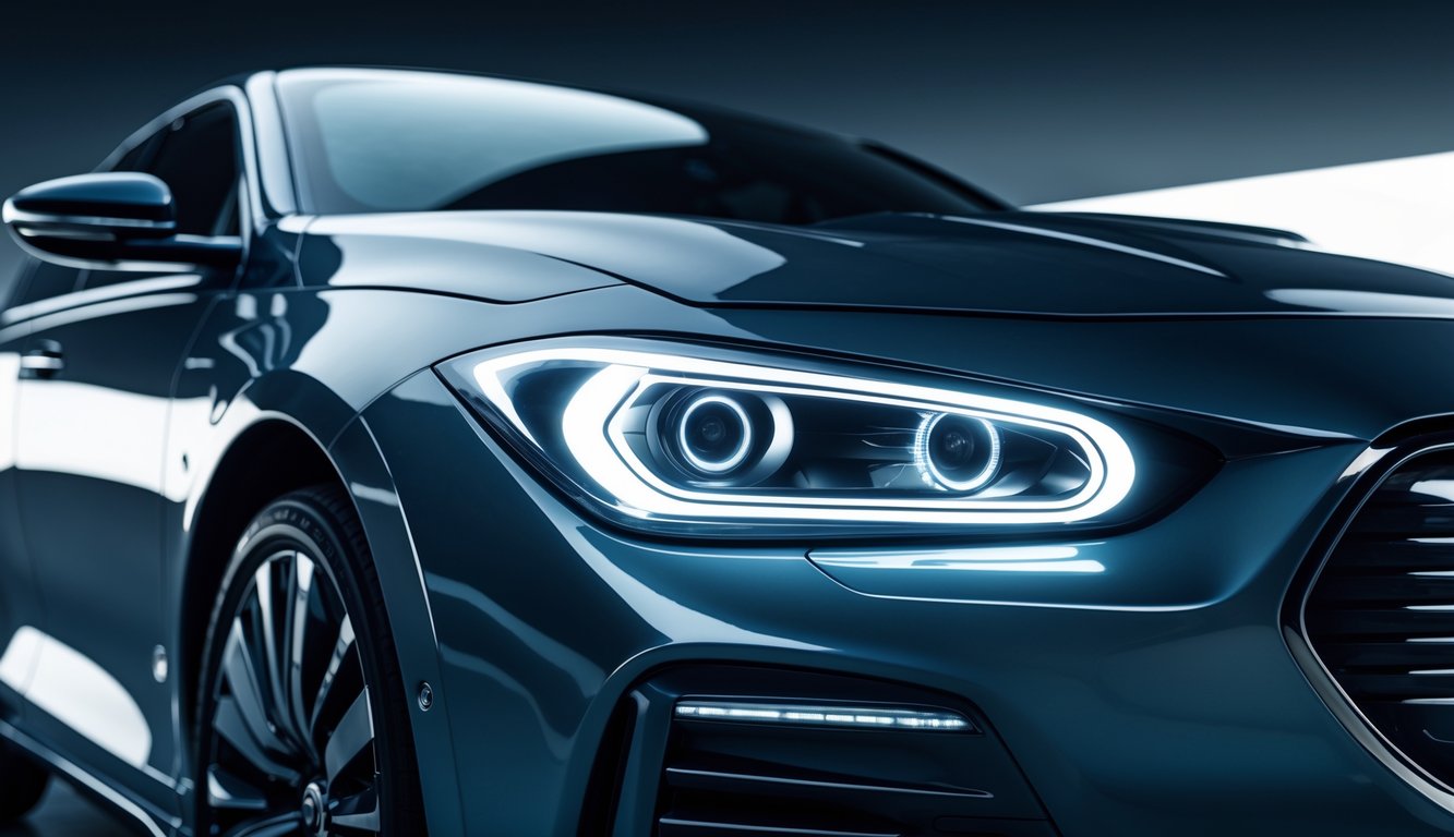 Foto close-up lampu LED mobil modern yang menyala dengan latar belakang gelap.