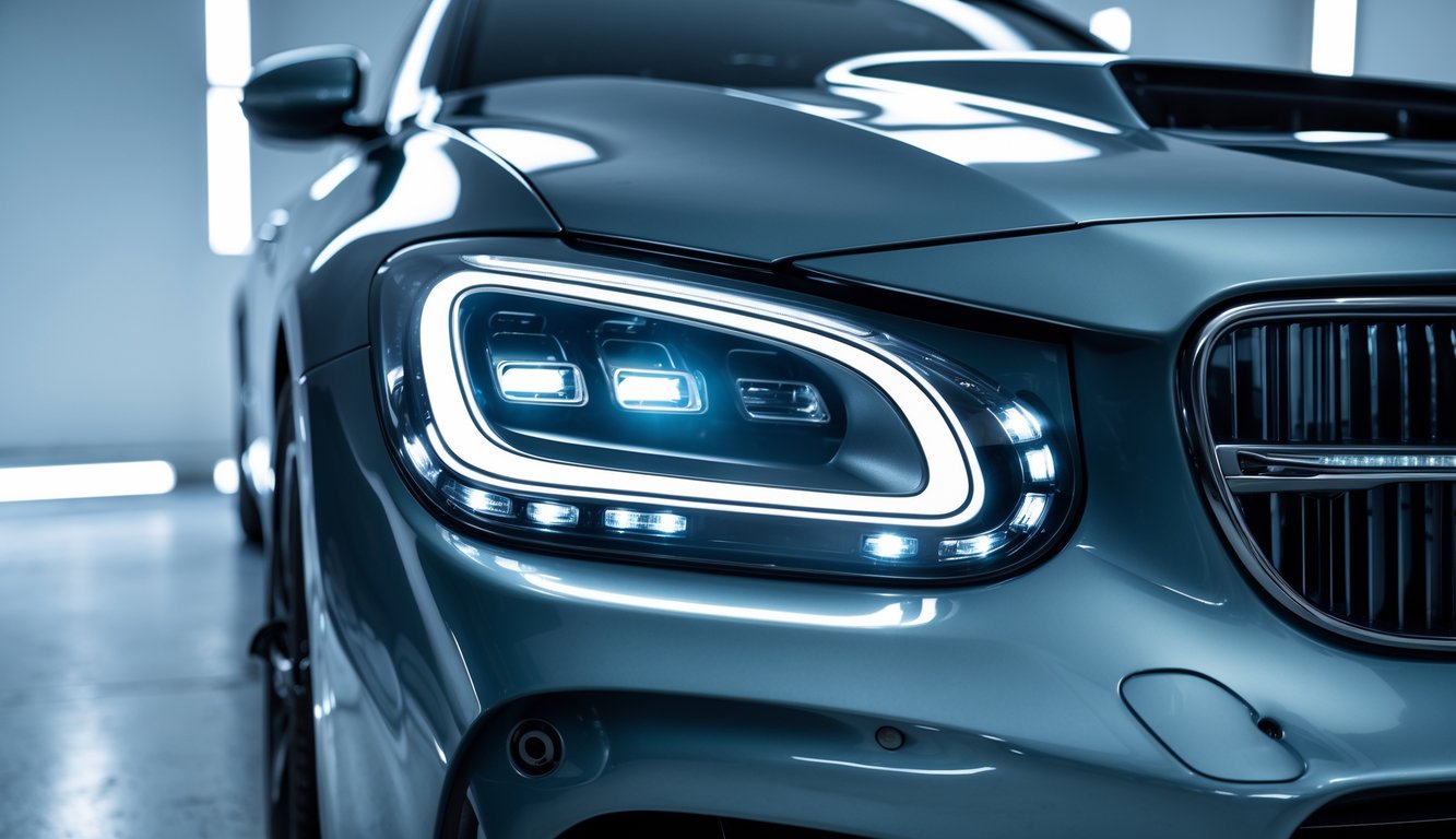 Lampu LED mobil modern yang menyala terang pada bagian depan mobil di studio otomotif.