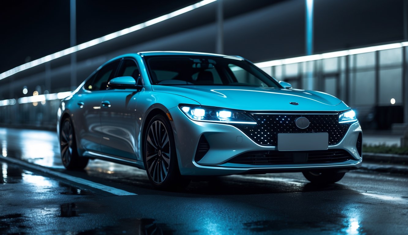 Mobil dengan lampu LED terang yang menyala di jalan gelap pada malam hari.