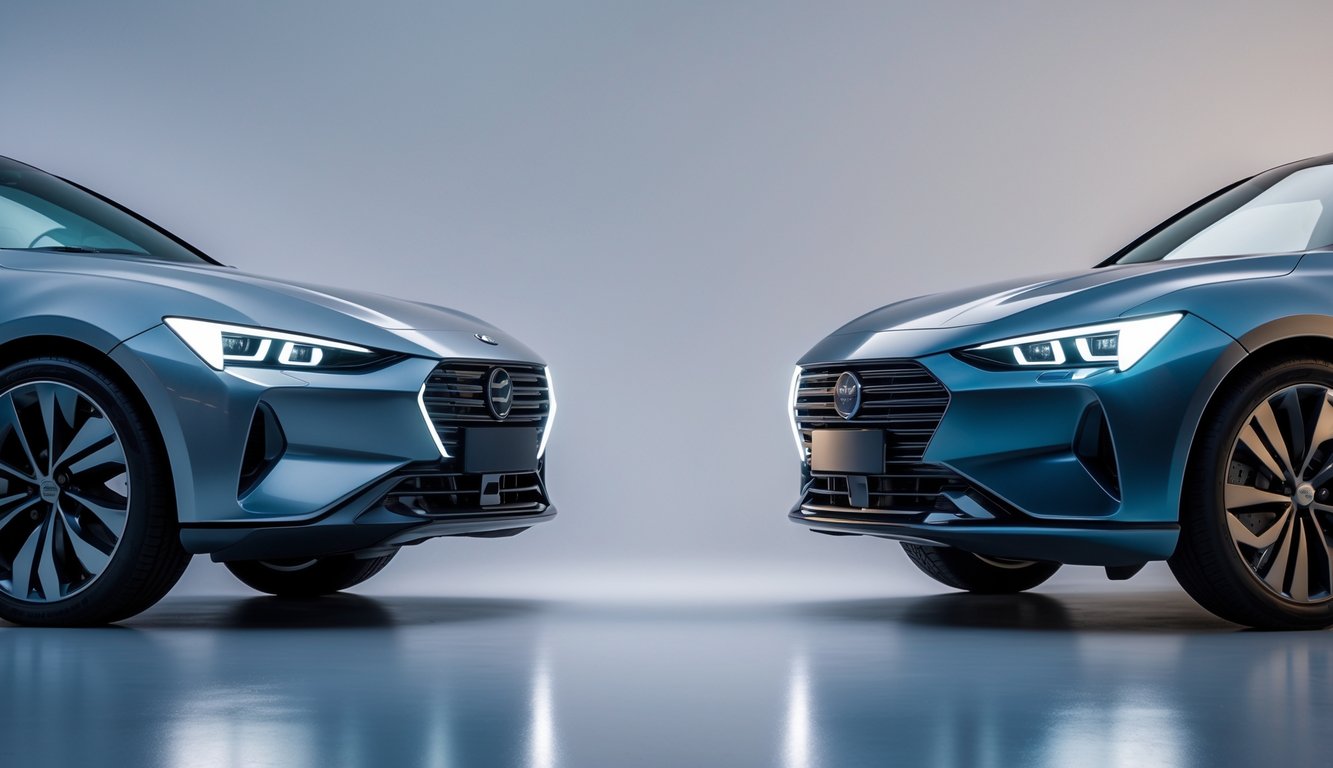 Dua mobil modern berdampingan dengan lampu LED menyala yang menunjukkan perbandingan desain dan pencahayaan lampu depan.