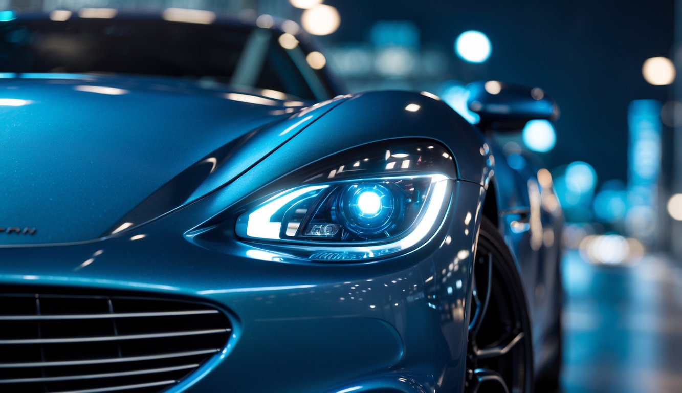 Lampu LED mobil anti silau yang menyala pada bagian depan mobil dengan latar belakang kota pada malam hari.