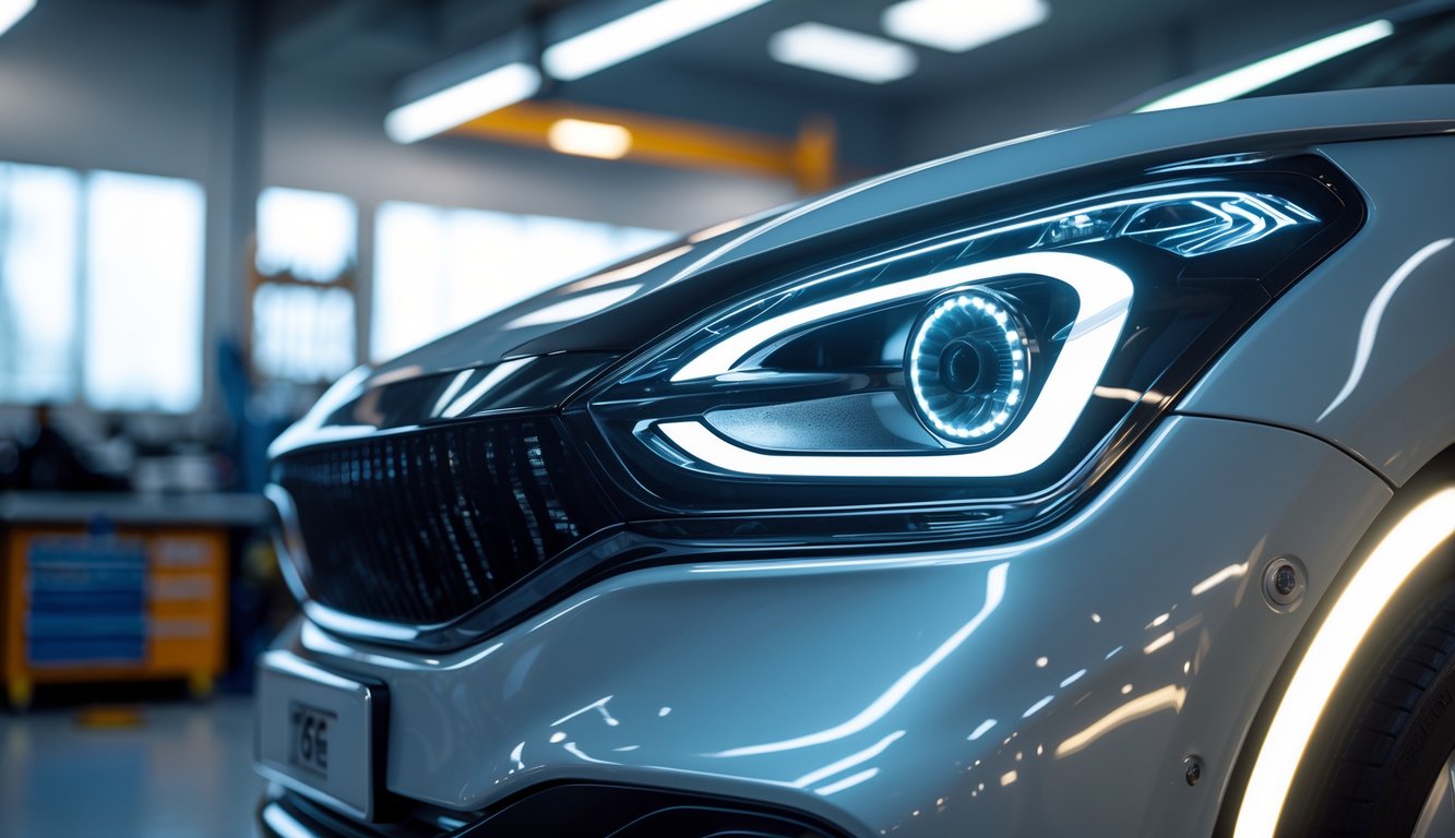 Lampu LED mobil modern menyala terang dipasang pada bagian depan mobil di bengkel otomotif.