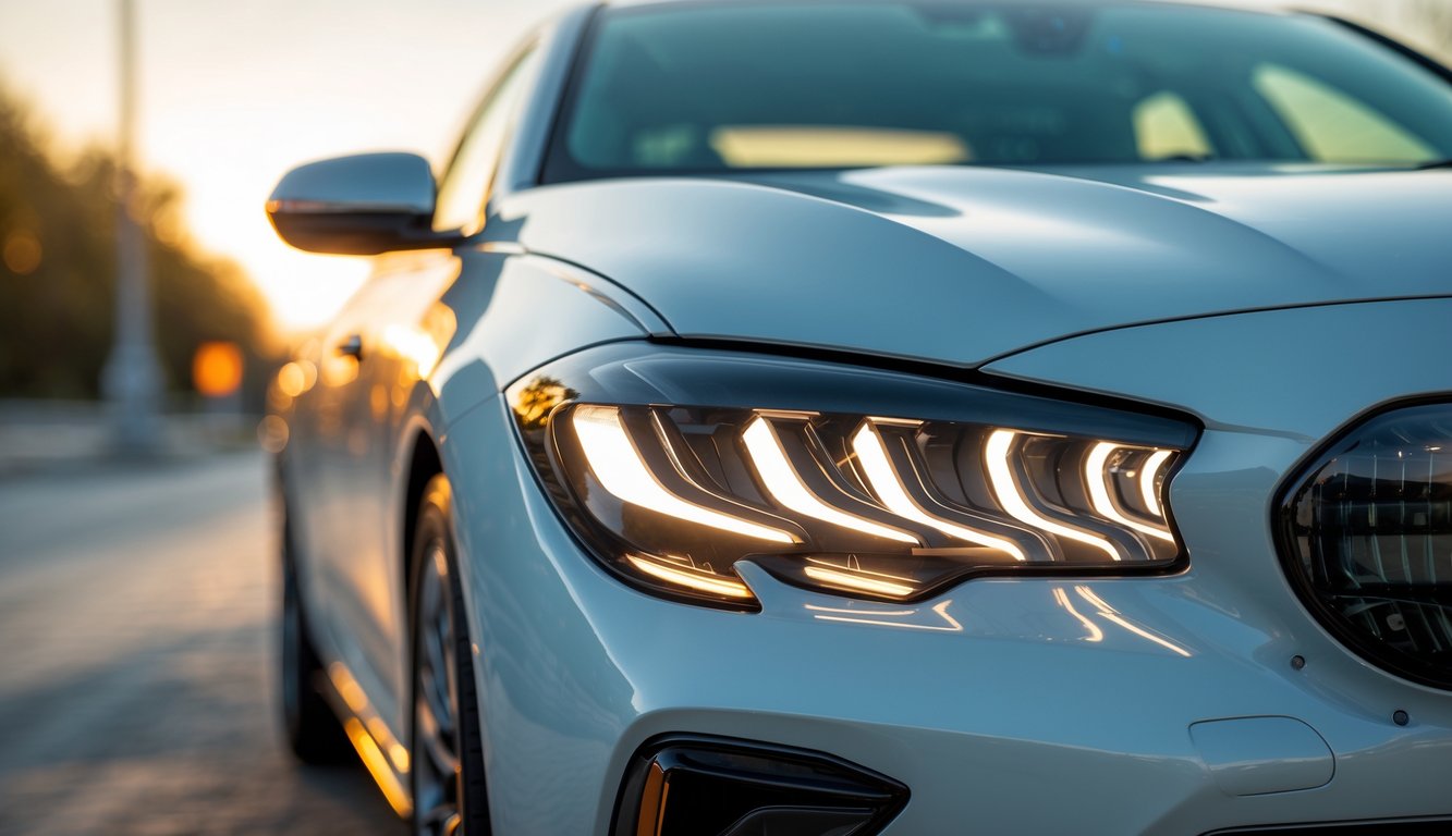Lampu LED mobil terbaru tahun 2026 dengan desain futuristik terlihat dari dekat di depan mobil yang diparkir di luar ruangan saat matahari terbenam.