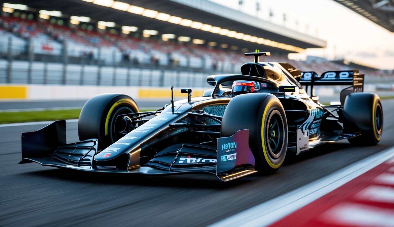 Mobil balap Formula 1 futuristik tahun 2026 sedang melaju di lintasan balap dengan latar belakang tribun dan langit cerah.