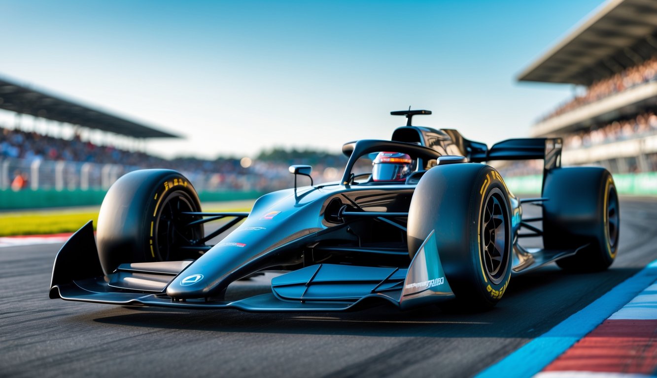 Mobil Formula 1 futuristik tahun 2026 sedang berada di lintasan balap dengan latar belakang tribun penonton.