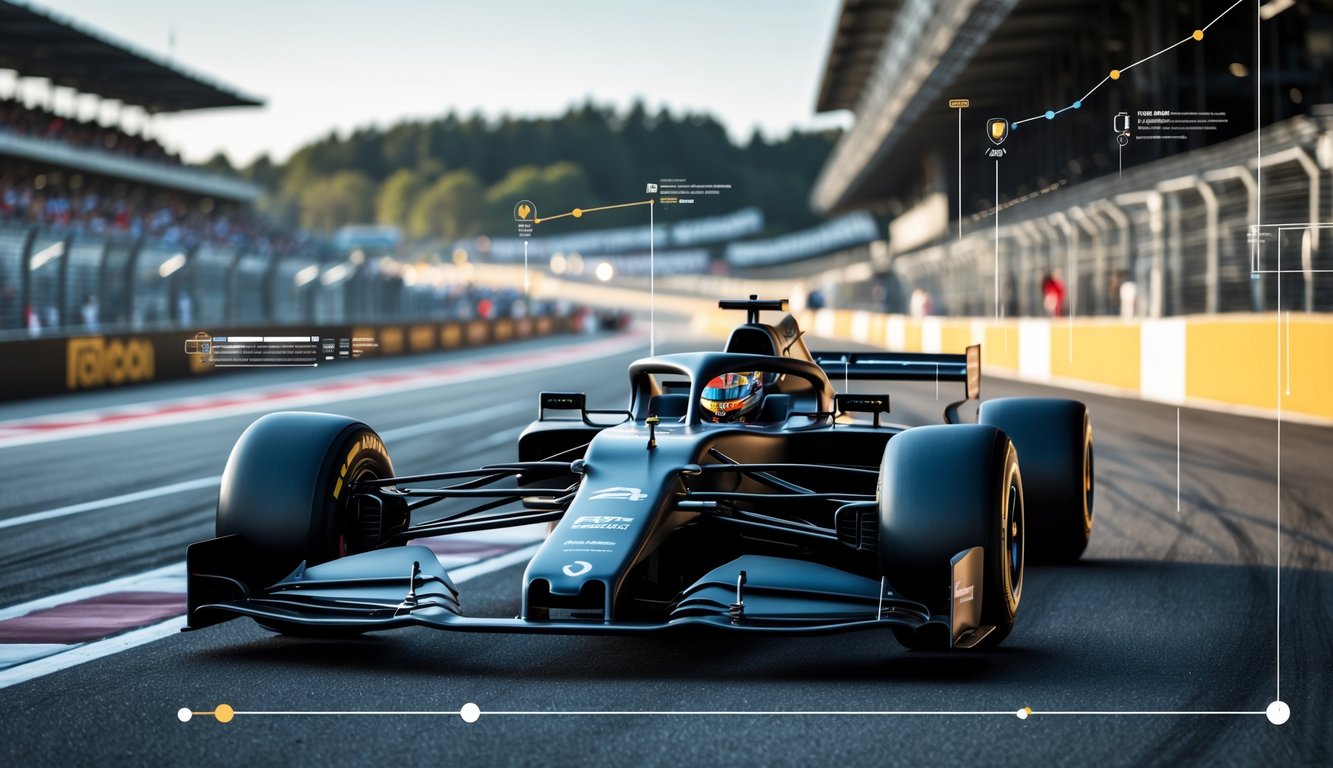 Mobil Formula 1 modern di lintasan balap dengan elemen aerodinamika canggih dan latar belakang tribun serta aktivitas pit lane.