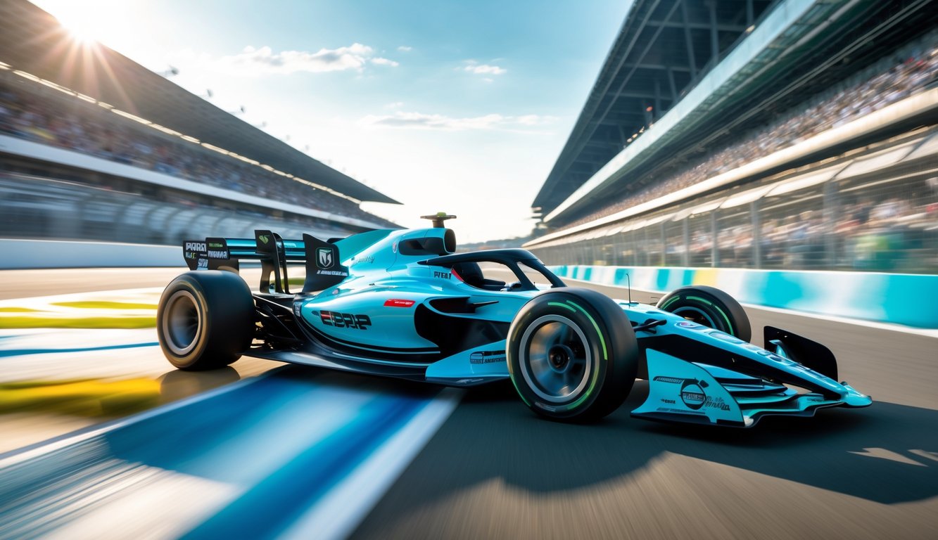Mobil balap Formula 1 hybrid futuristik melaju di lintasan balap modern dengan latar belakang tribun penonton dan pit lane.