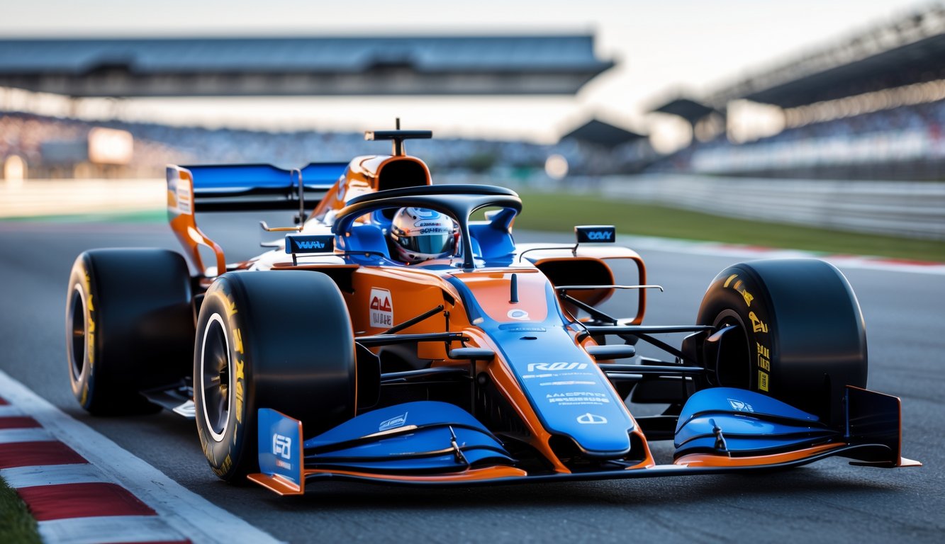 Mobil balap Formula 1 generasi 2026 sedang melaju di lintasan balap dengan latar belakang tribun penonton dan langit cerah.