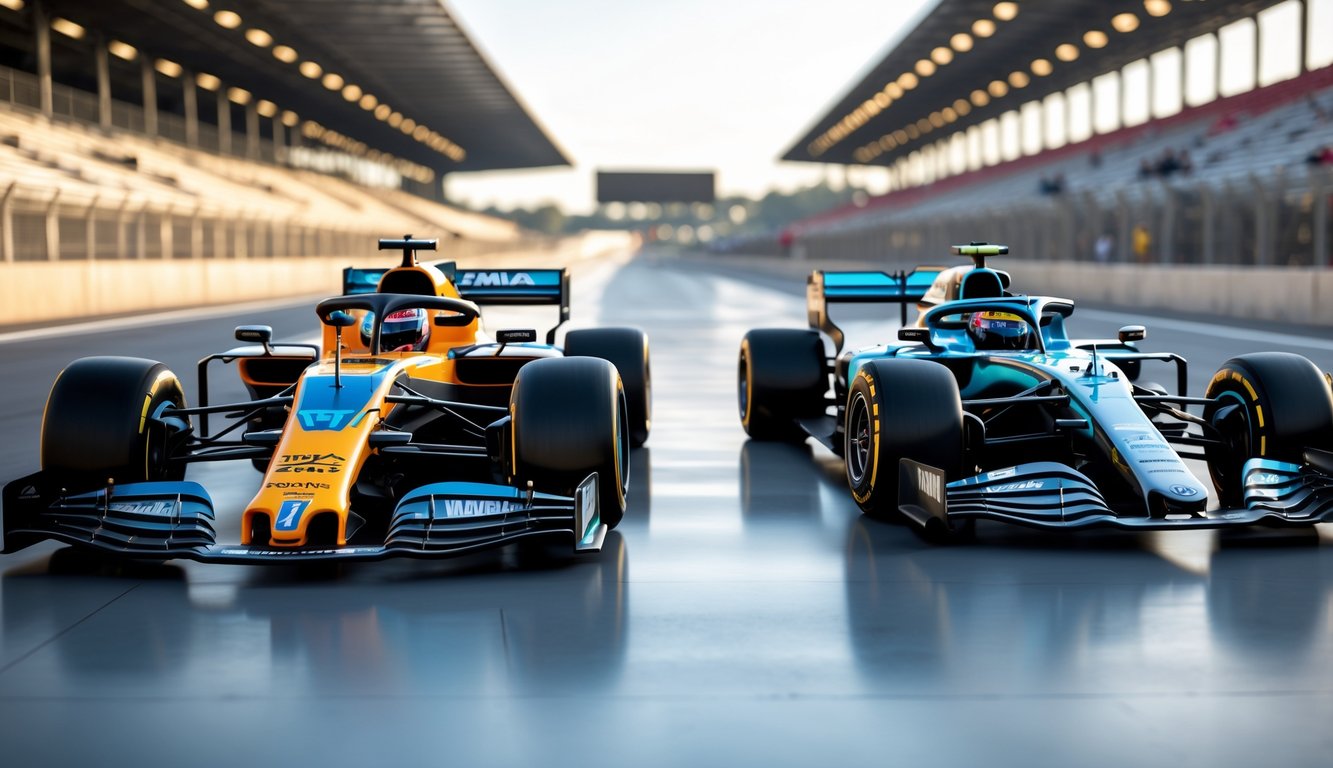 Dua mobil Formula 1 dari tahun 2025 dan 2026 berdampingan di lintasan balap, menunjukkan perbedaan desain dan teknologi.