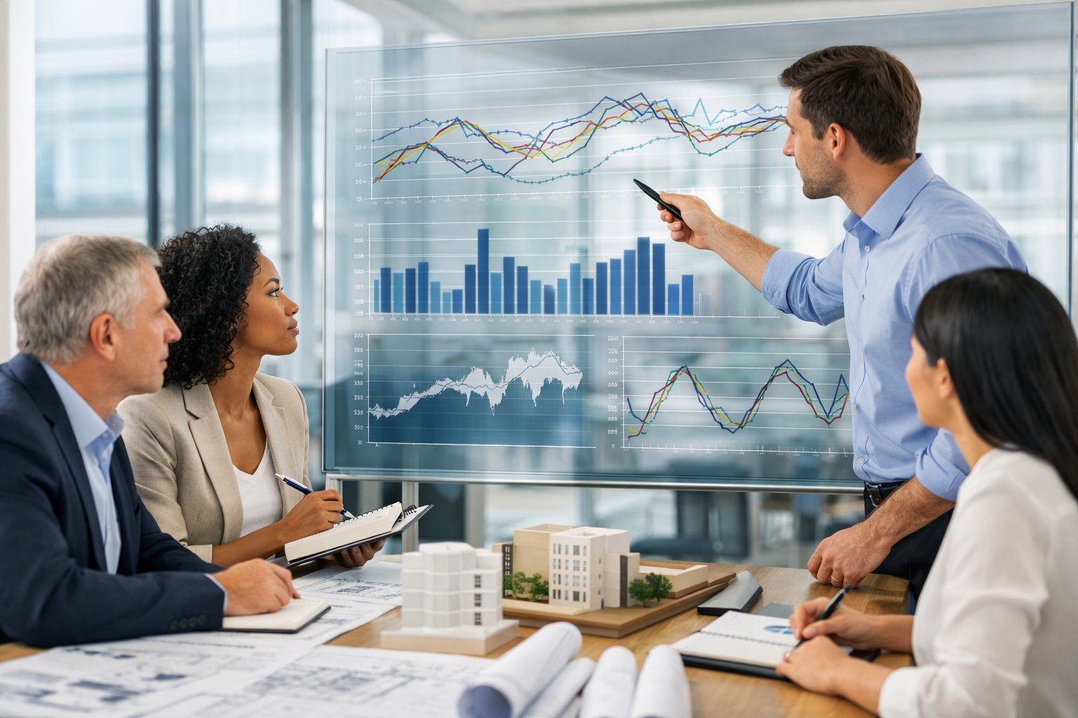 Un groupe de professionnels discute autour d'un écran affichant des graphiques liés aux indices de construction dans un bureau moderne.