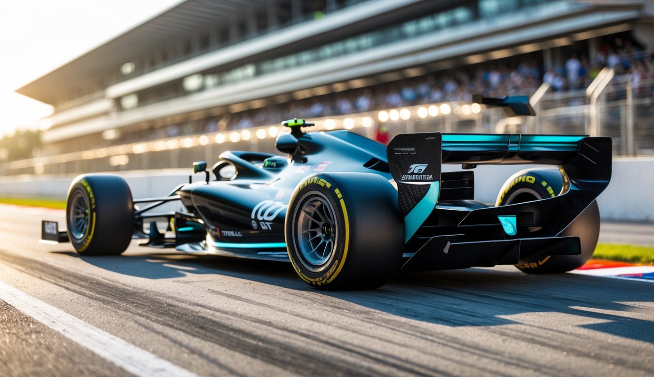 Mobil balap F1 futuristik dengan desain aerodinamis sedang berada di lintasan balap modern.