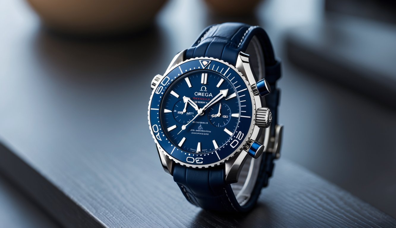 Jam tangan Omega terbaru tahun 2026 dengan desain elegan diletakkan di atas permukaan kayu gelap.