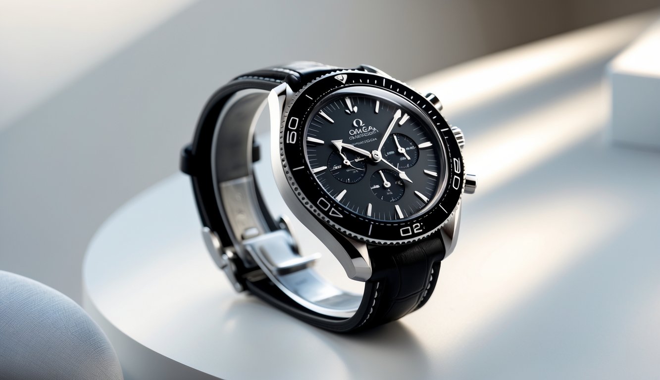 Foto jam tangan Omega Model 2026 yang modern dan elegan diletakkan di permukaan putih bersih.
