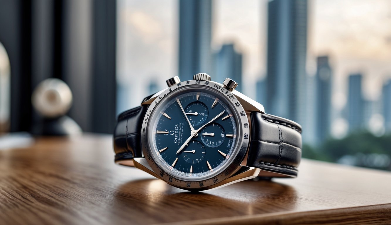 Jam tangan Omega mewah diletakkan di atas permukaan kayu dengan latar belakang kota modern di Indonesia.