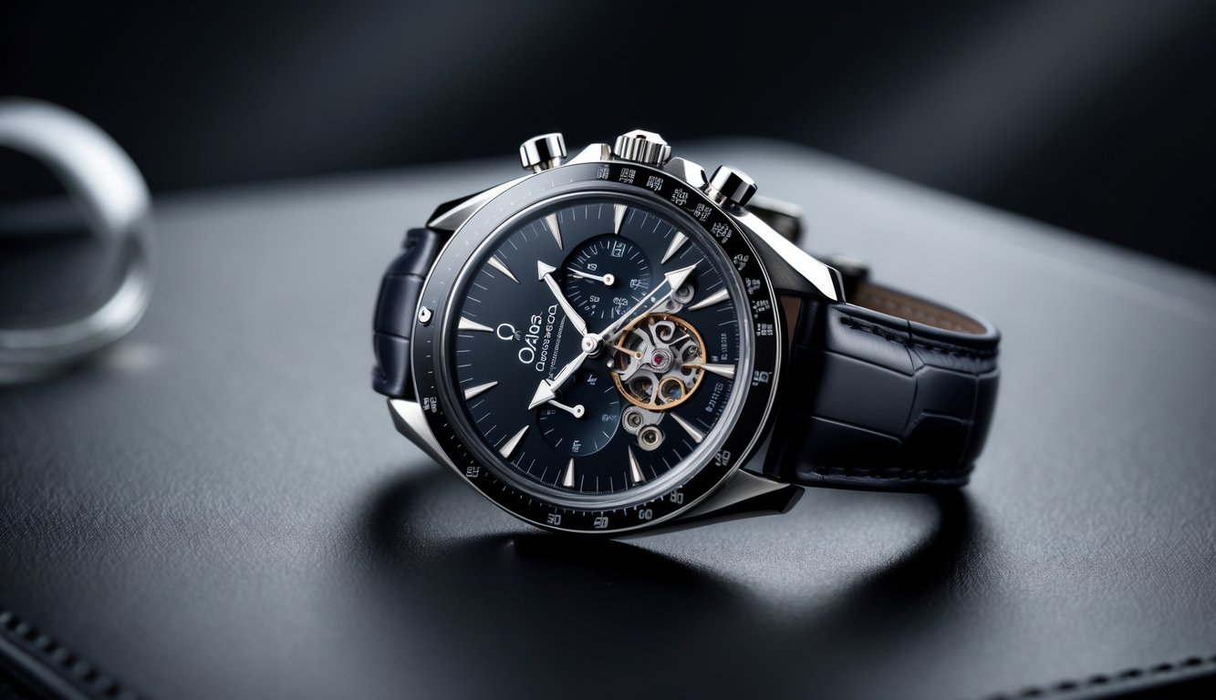 Sebuah jam tangan Omega model 2026 mewah diletakkan di atas permukaan kulit hitam dengan latar belakang gelap.