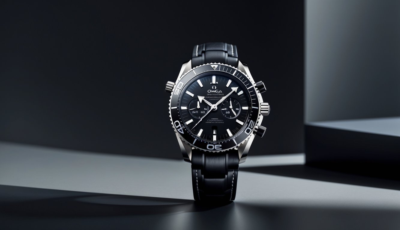 Sebuah jam tangan Omega edisi terbatas dengan desain elegan dan casing stainless steel yang dipajang di atas permukaan hitam reflektif.
