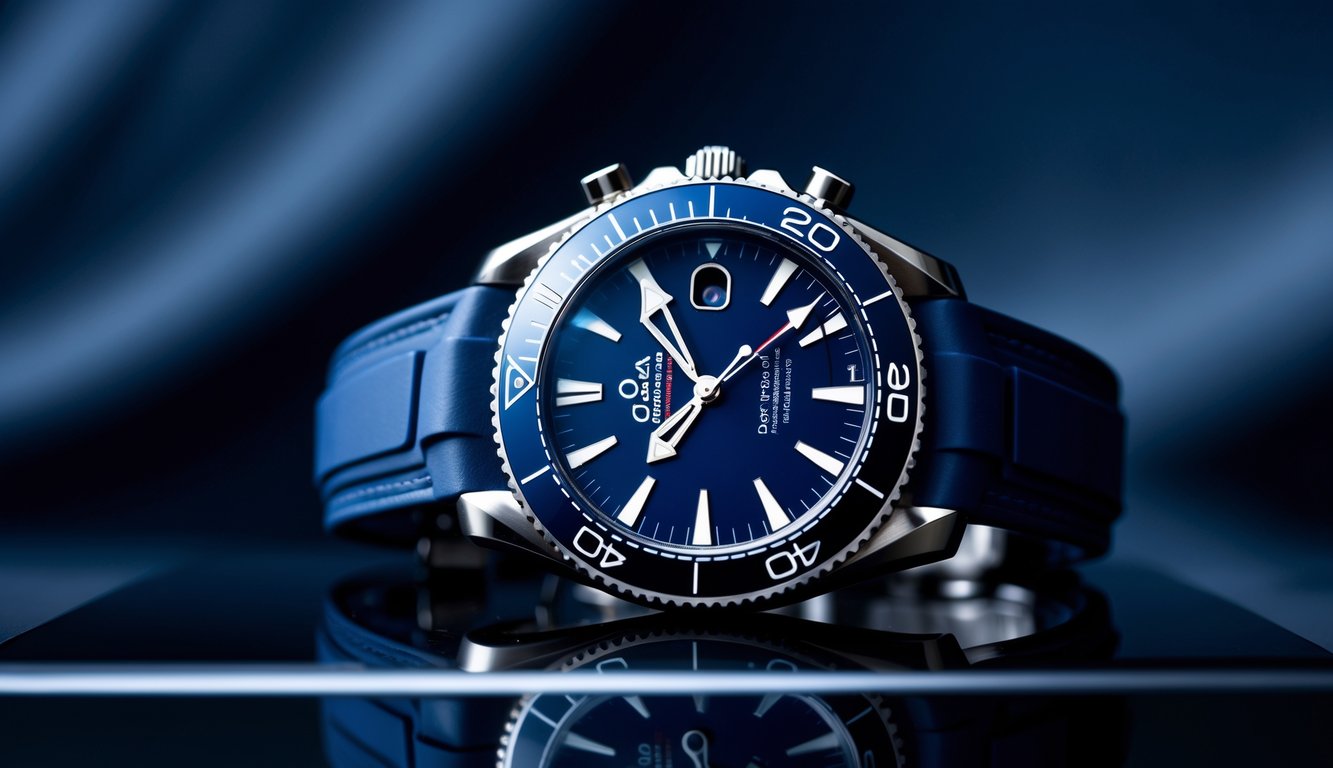 Jam tangan Omega Seamaster terbaru dengan desain biru dan logam yang dipajang di atas permukaan hitam reflektif.