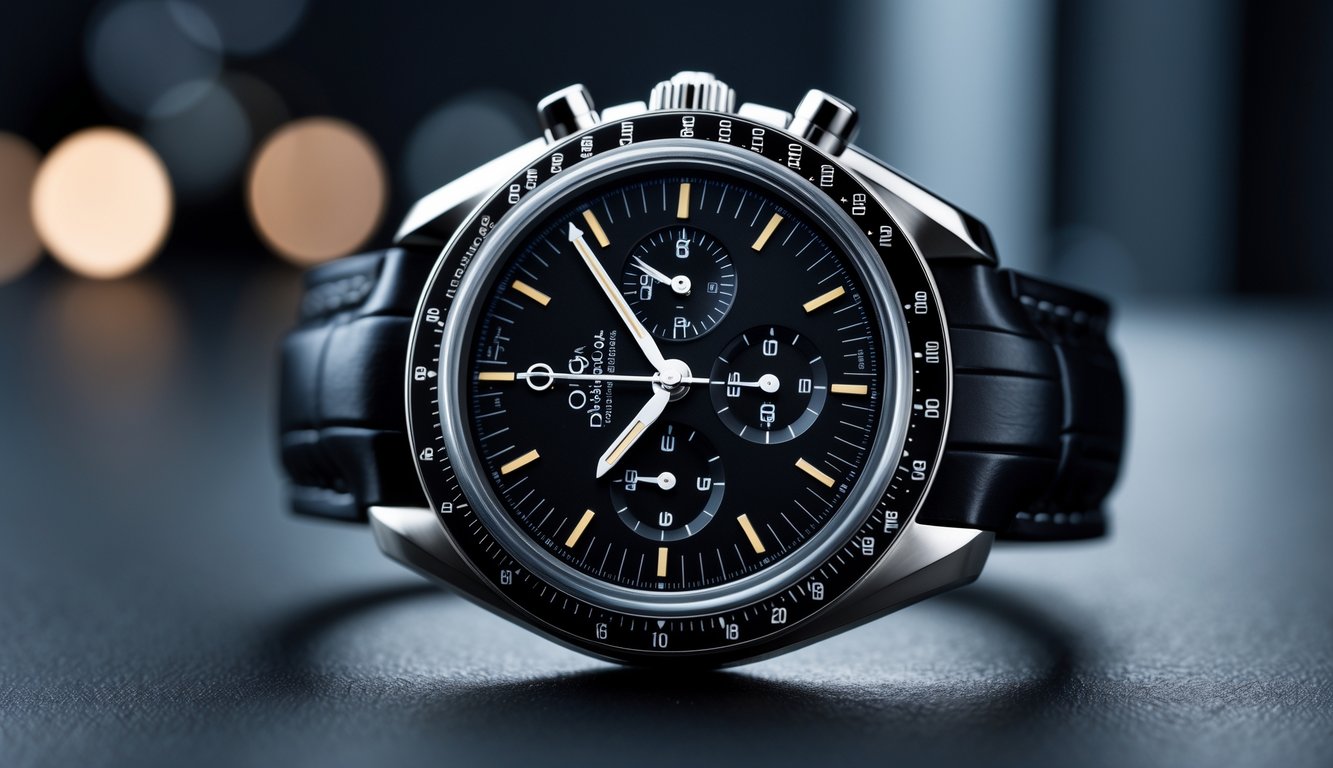 Foto close-up jam tangan Omega Speedmaster 2026 dengan latar belakang gelap.