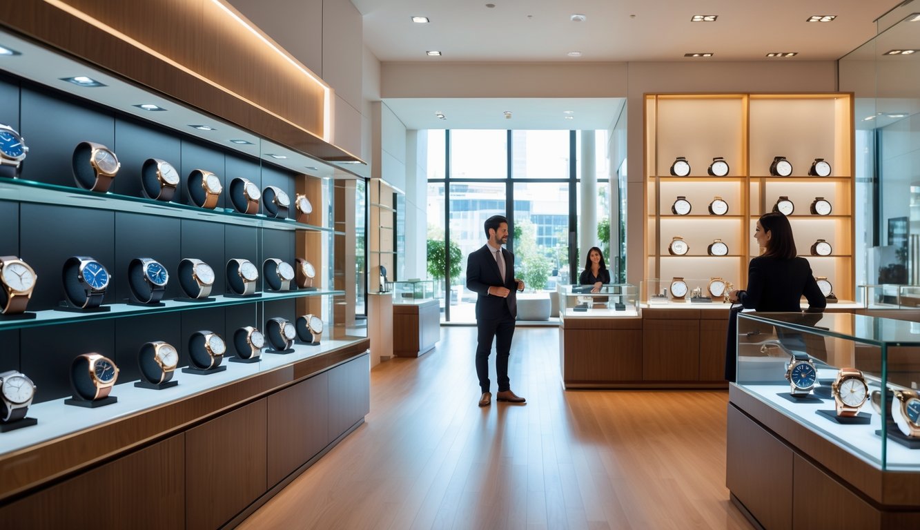 Interior toko jam tangan mewah dengan berbagai model jam Omega yang dipajang di etalase kaca, seorang pegawai membantu pelanggan.