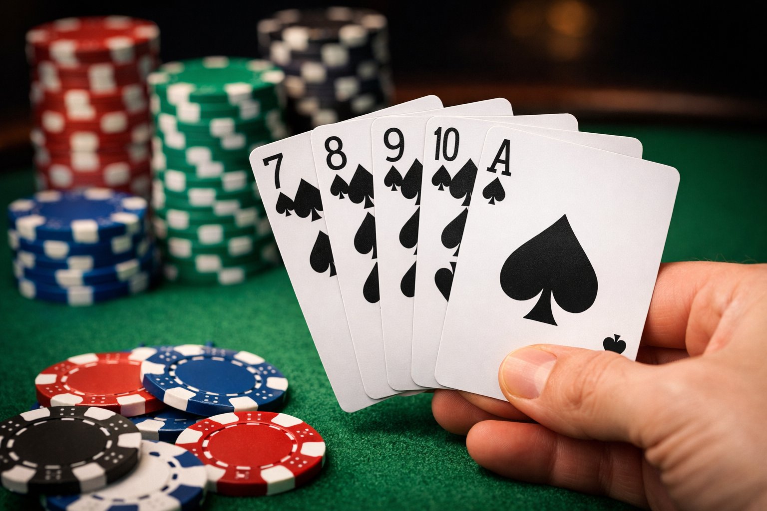 Close-up of a poker hand holding five cards of the same suit on a green poker table with poker chips nearby.