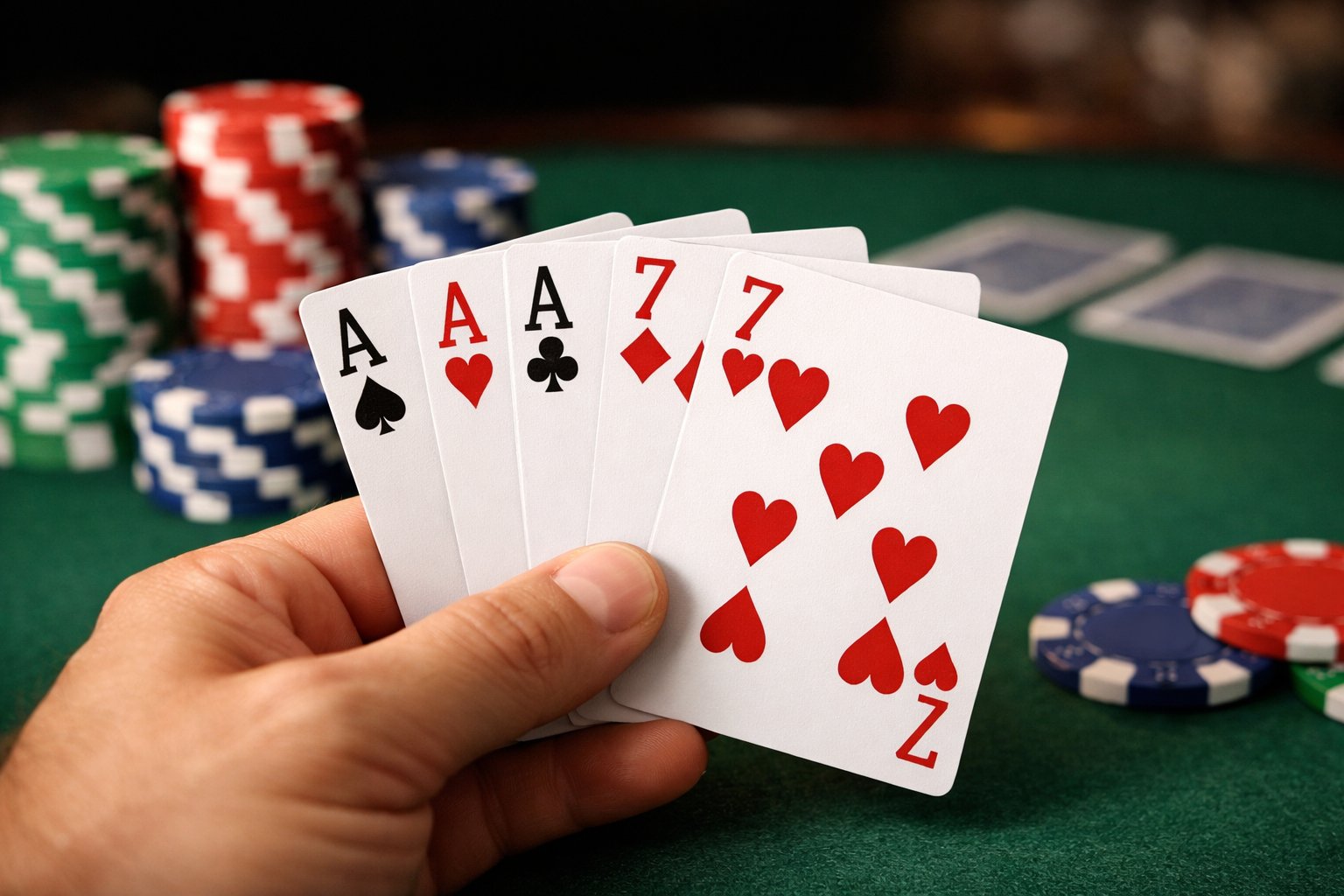 A hand holding five playing cards forming a full house in poker over a green felt table with poker chips nearby.