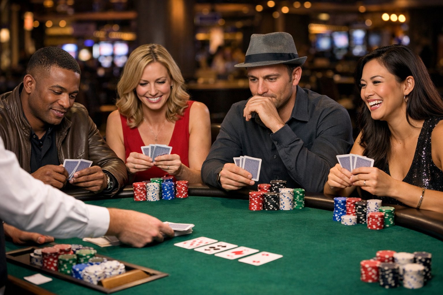 Four adults playing poker around a green felt table with cards and chips, with a dealer distributing cards in a casino setting.
