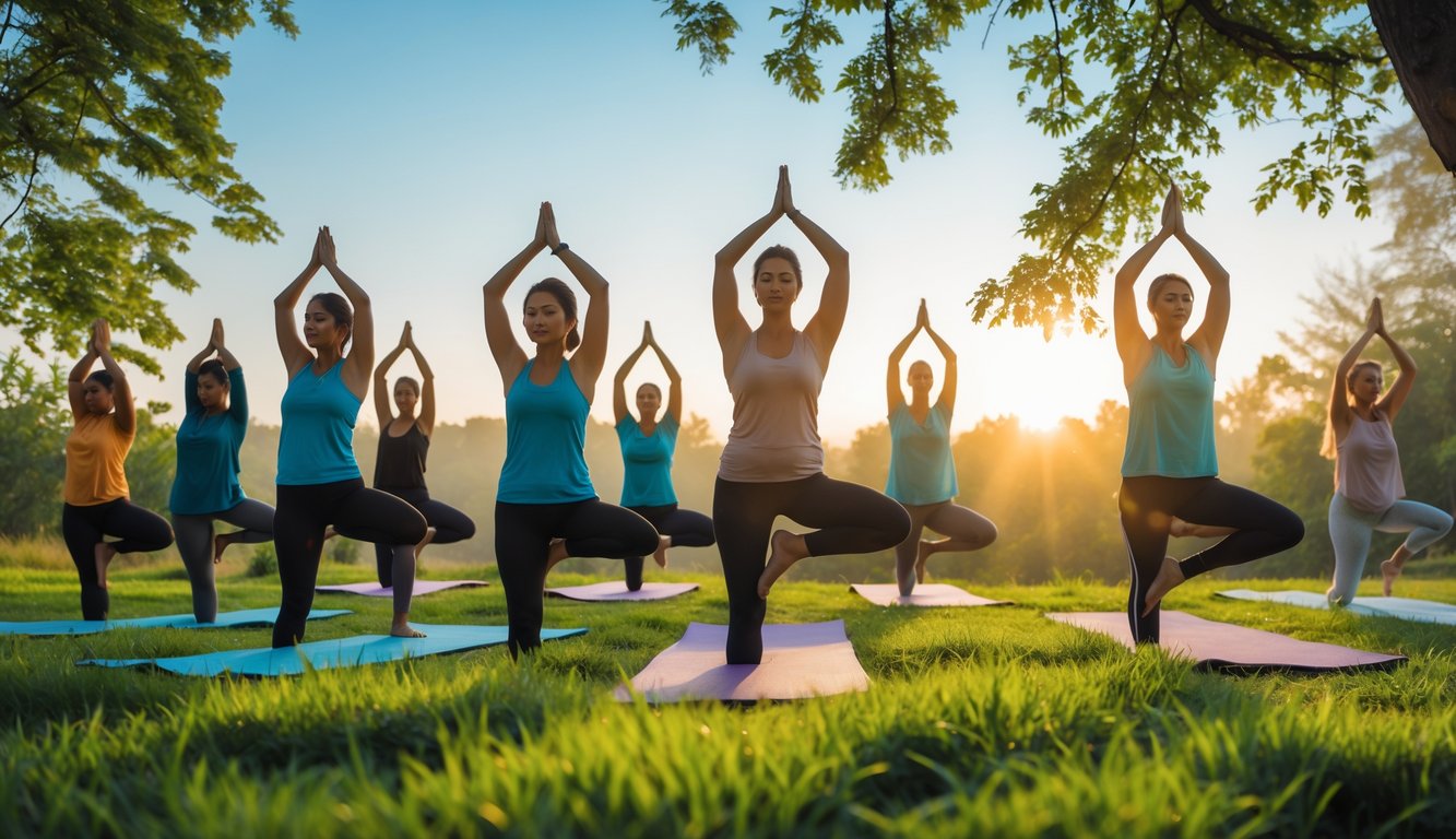 Sekelompok orang melakukan yoga di luar ruangan di pagi hari dengan latar belakang pepohonan dan langit cerah.