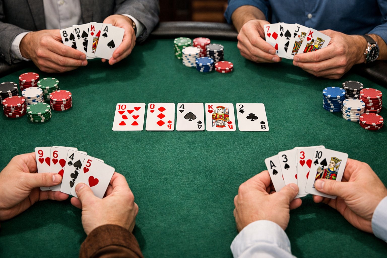 Close-up of a poker table with four players holding four cards each and community cards in the center.