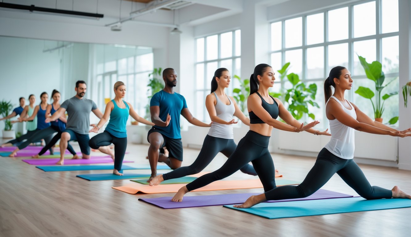 Sekelompok orang berlatih yoga pemula di studio terang dengan jendela besar, melakukan pose yoga dasar di atas matras warna-warni.