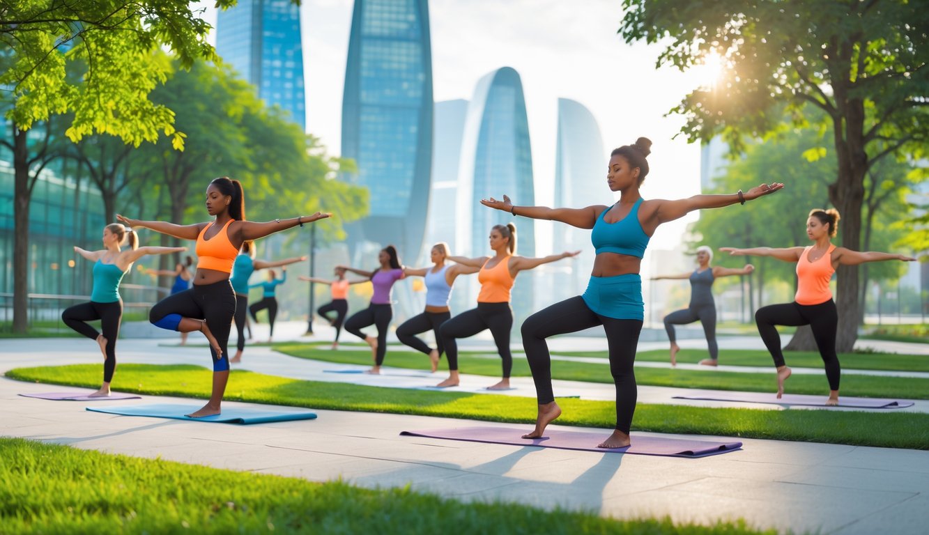 Sekelompok orang melakukan yoga di taman kota dengan latar gedung pencakar langit dan pepohonan hijau pada pagi hari cerah.