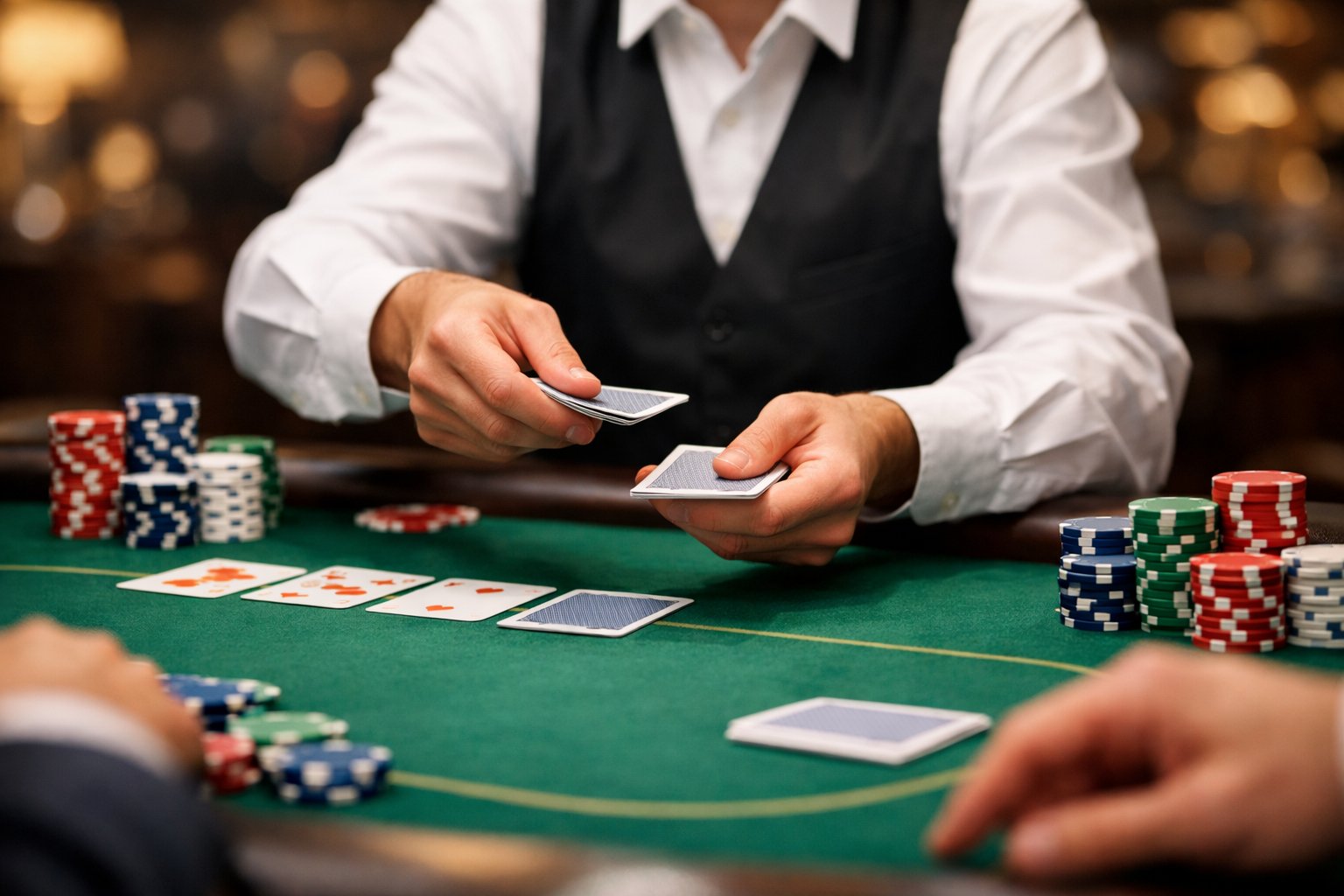 A person dealing poker cards at a casino table with poker chips and players around.
