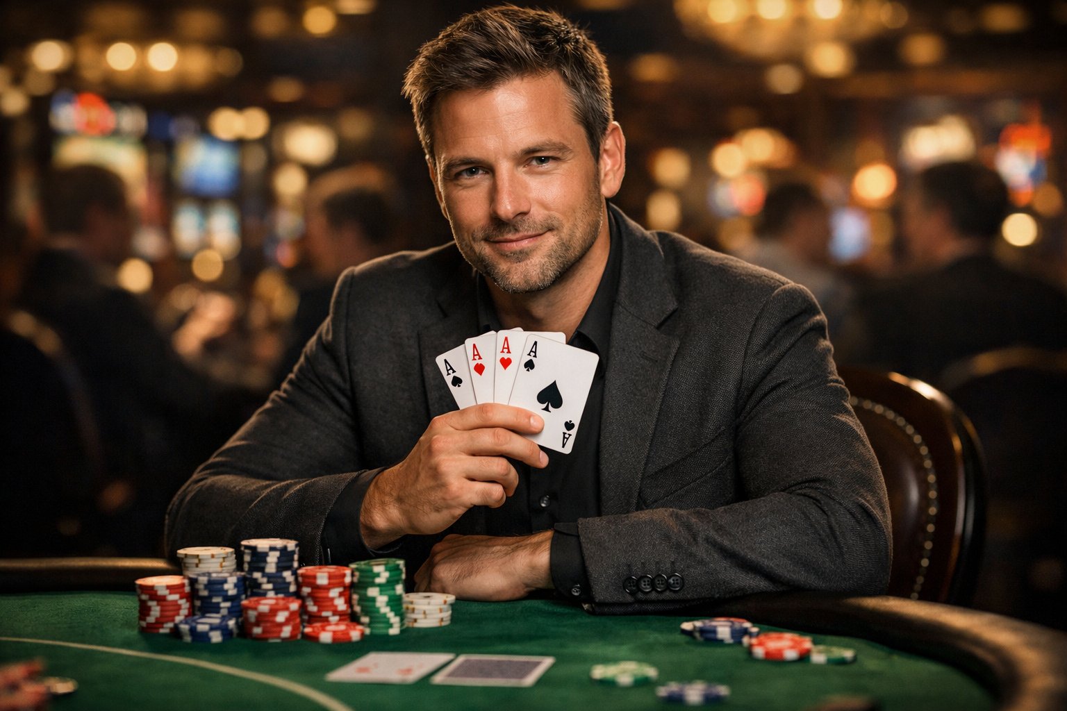 A man holding poker cards and chips at a poker table in a casino.
