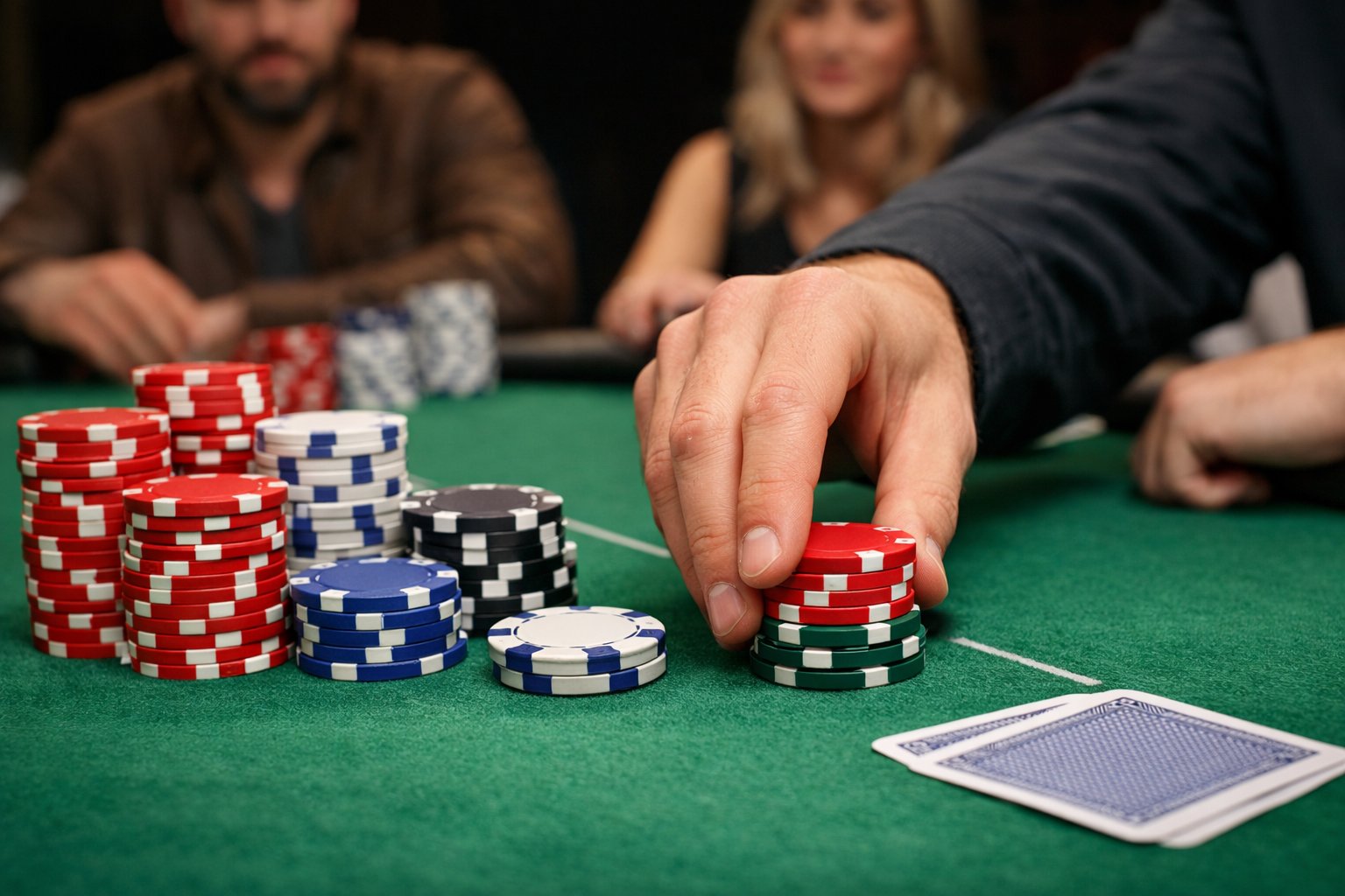 Close-up of a poker table showing a player placing an extra bet called a straddle with poker chips and cards visible, while other players watch.