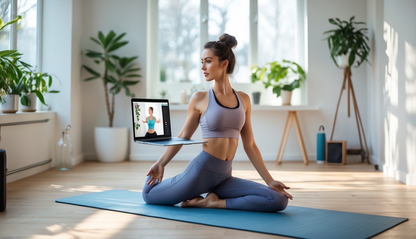 Seorang wanita muda sedang melakukan yoga di ruang tamu dengan laptop di depan, pencahayaan alami, dan dekorasi tanaman.