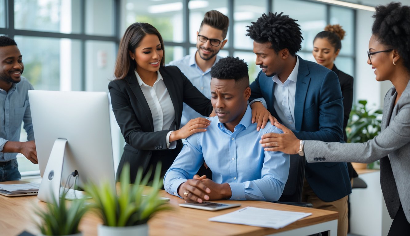 Beberapa rekan kerja di kantor modern saling memberikan dukungan emosional dengan sikap empati dan perhatian.