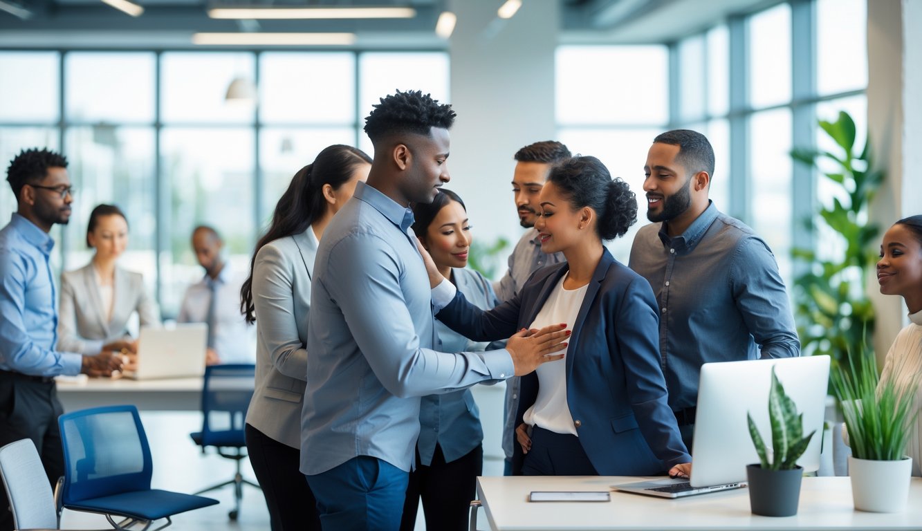 Sejumlah karyawan di kantor modern saling memberikan dukungan emosional dengan ekspresi ramah dan suasana kerja yang terbuka.