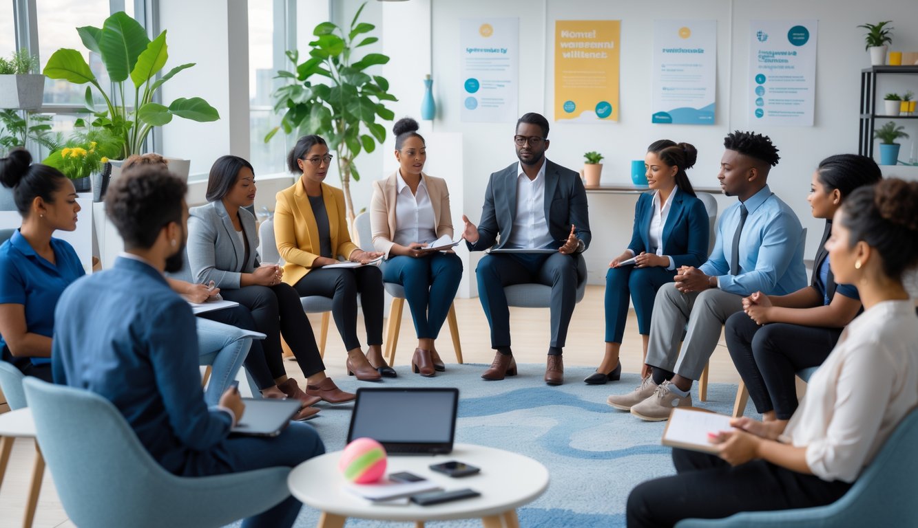 Sekelompok karyawan sedang mengikuti sesi kesehatan mental di ruang kantor yang terang dan nyaman.