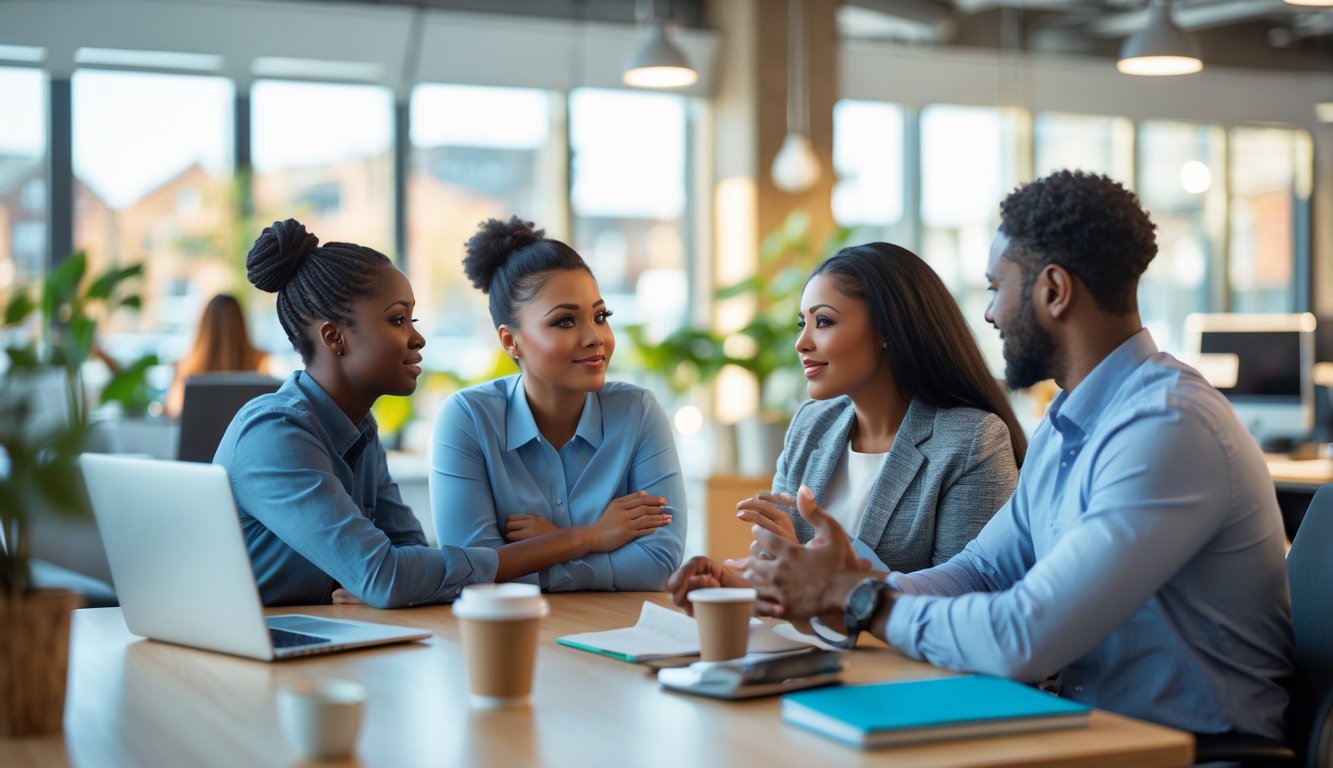 Sekelompok rekan kerja sedang berdiskusi dengan suasana mendukung di kantor modern.