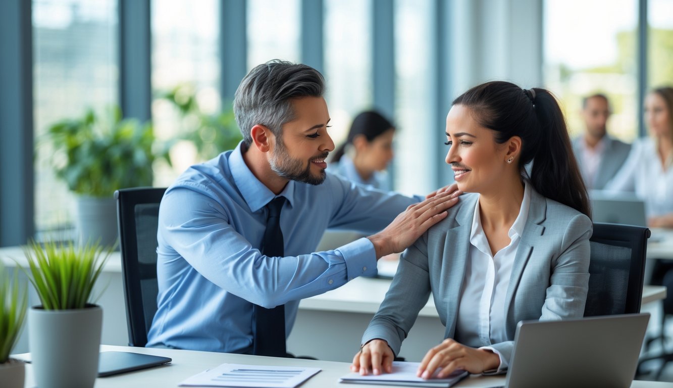 Seorang atasan memberikan dukungan emosional kepada karyawan di kantor dengan suasana yang hangat dan penuh empati.