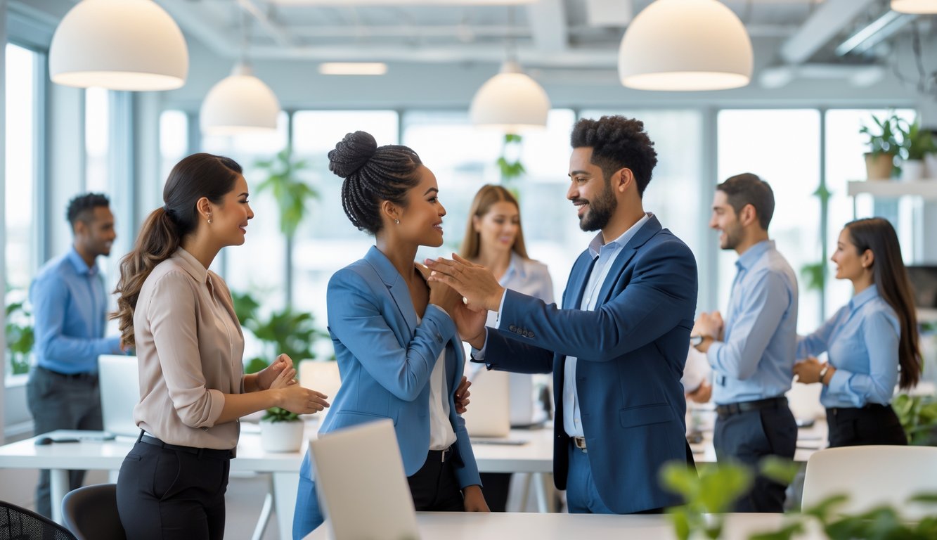 Dua rekan kerja sedang berbicara dengan penuh perhatian di kantor yang cerah dan modern, menunjukkan dukungan emosional di tempat kerja.