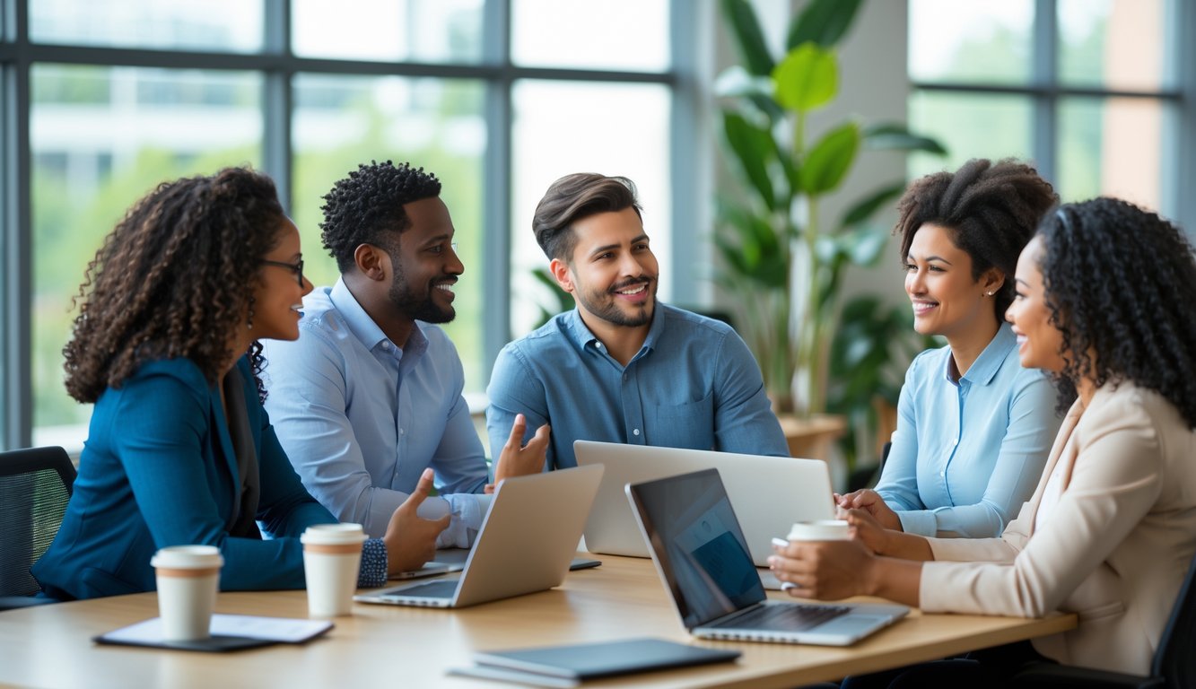 Sekelompok rekan kerja beragam sedang berdiskusi dengan penuh perhatian di ruang kantor modern.