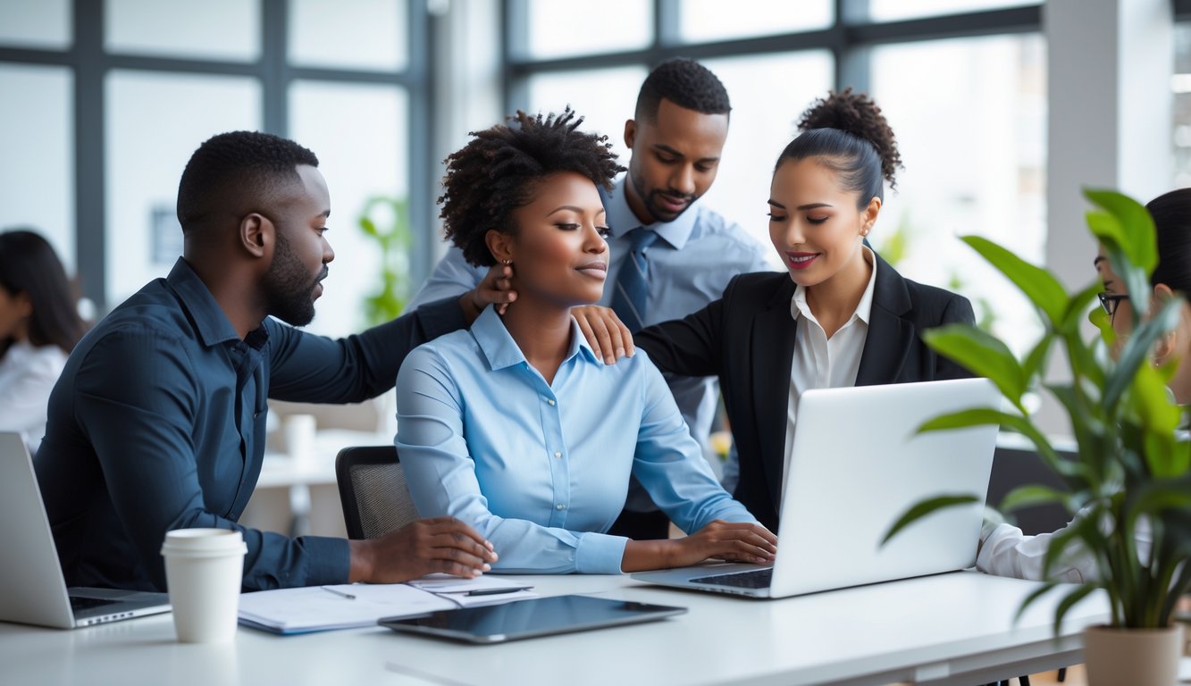 Sekelompok rekan kerja di kantor yang saling memberikan dukungan emosional untuk meningkatkan produktivitas.