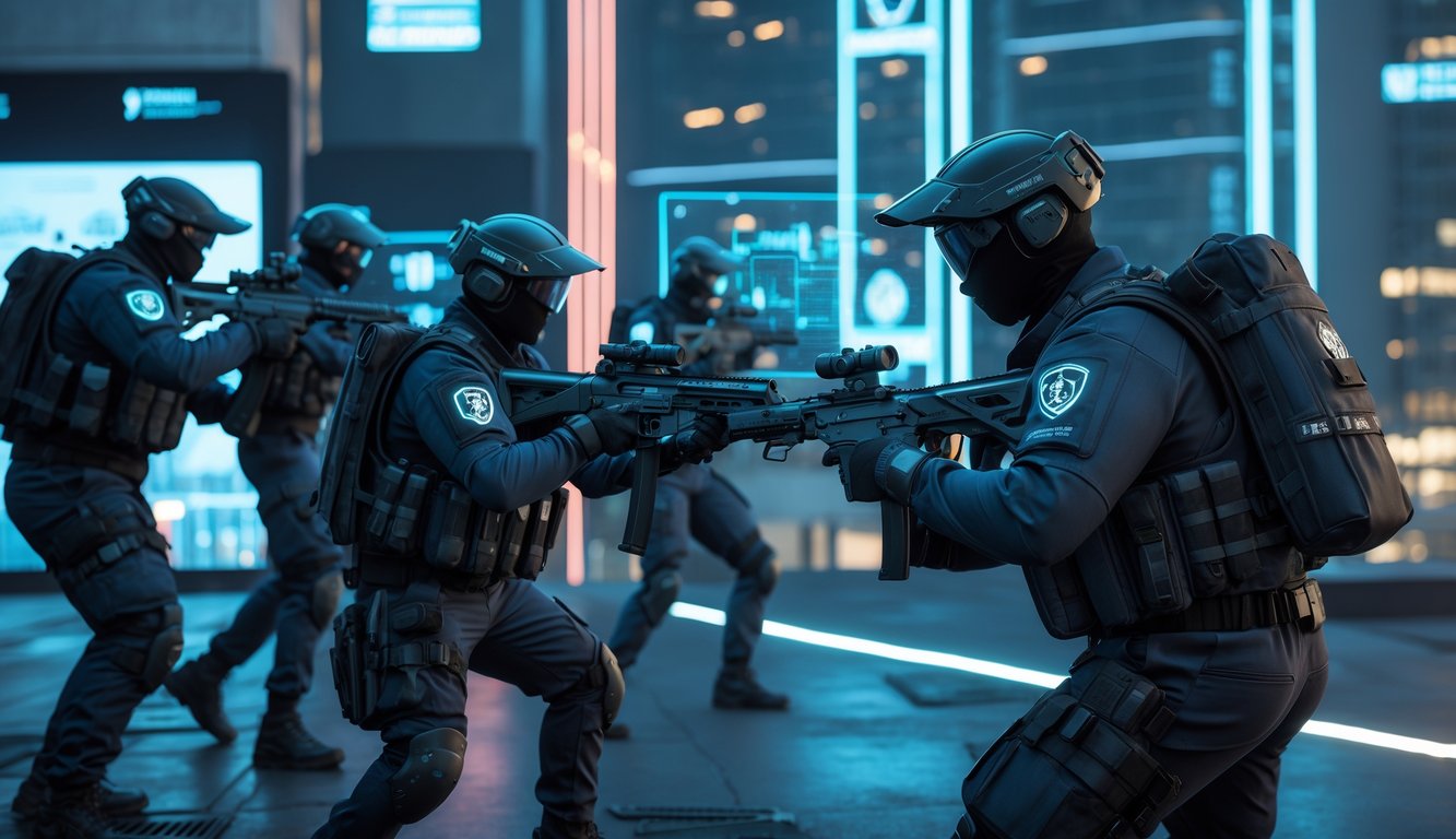 Sekelompok pasukan elit dengan perlengkapan tempur canggih sedang melakukan operasi taktis di kota modern saat senja.