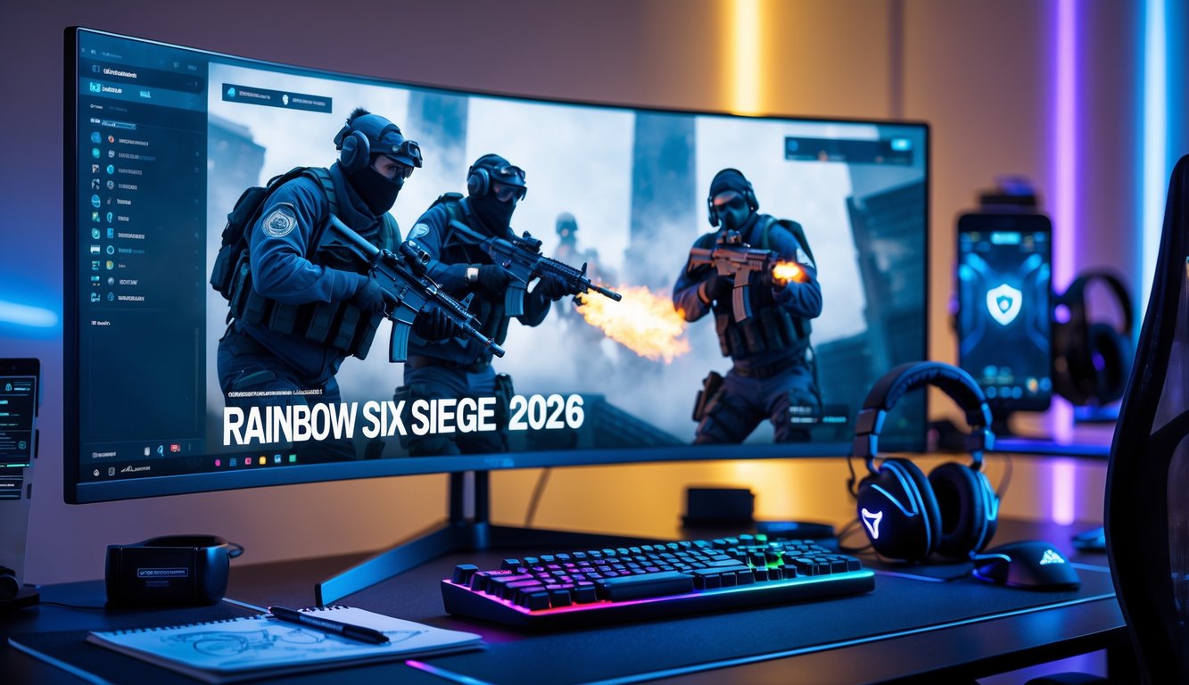 Sebuah setup gaming modern dengan monitor besar menampilkan gameplay Rainbow Six Siege 2026, dilengkapi keyboard mekanik, mouse gaming, dan headset di meja yang rapi.