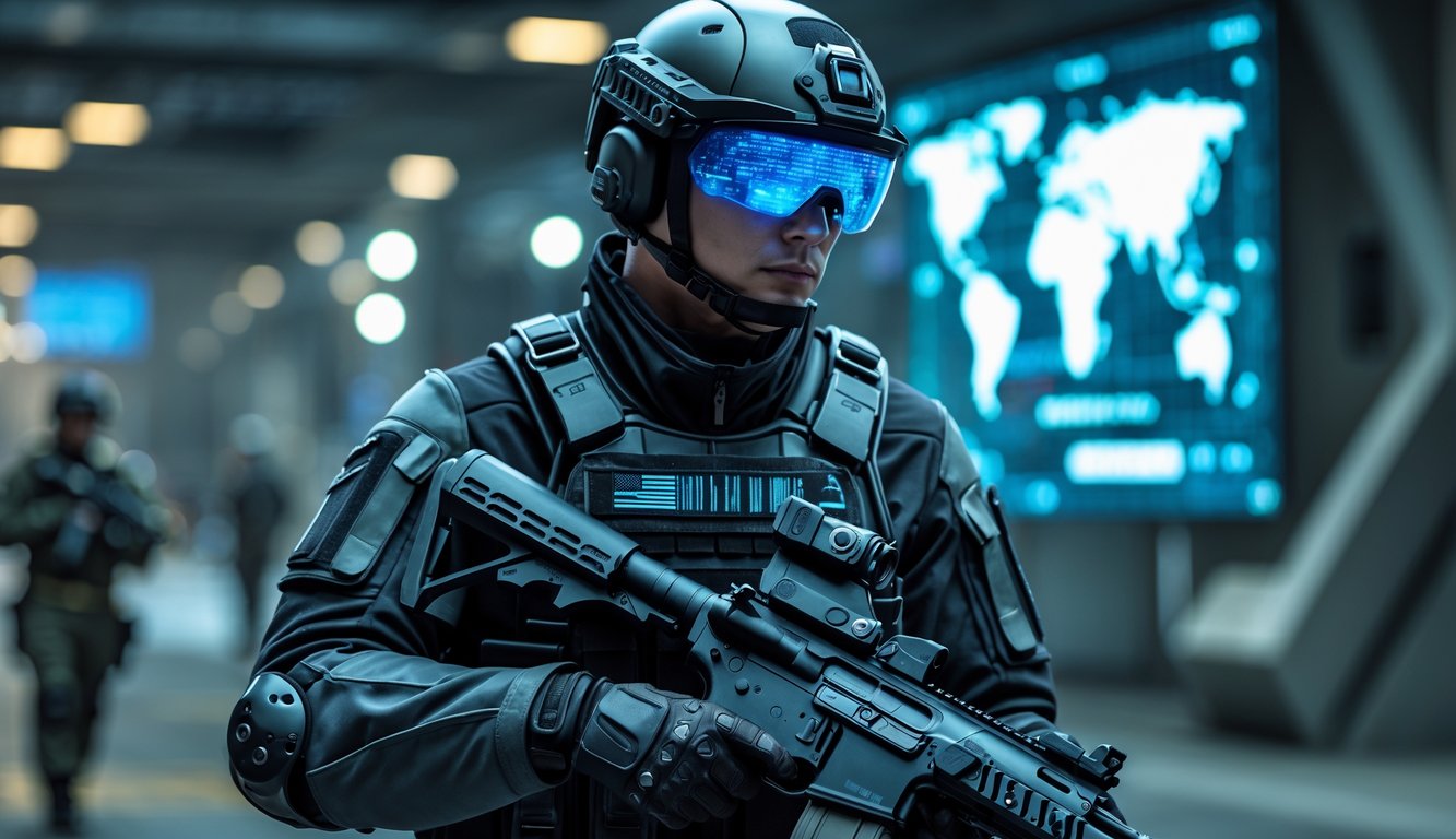 Seorang operator Rainbow Six Siege mengenakan perlengkapan taktis canggih berdiri di lingkungan perkotaan modern siap untuk bertempur.