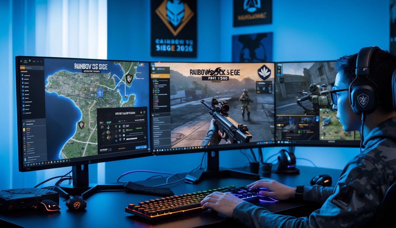 Seorang pemain duduk di depan komputer dengan beberapa monitor yang menampilkan peta taktis dan aksi permainan Rainbow Six Siege.
