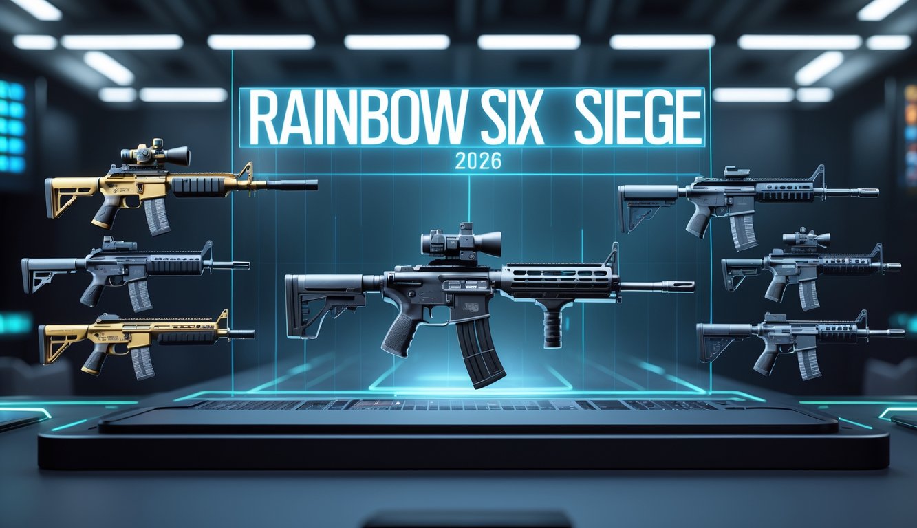 Tampilan antarmuka digital dengan berbagai senjata Rainbow Six Siege yang diurutkan berdasarkan peringkat di dalam ruangan kontrol berteknologi tinggi.