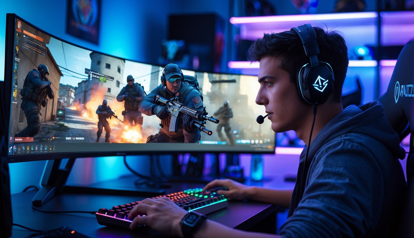 Seorang gamer muda sedang fokus bermain Rainbow Six Siege 2026 di depan layar komputer dengan peralatan gaming modern.