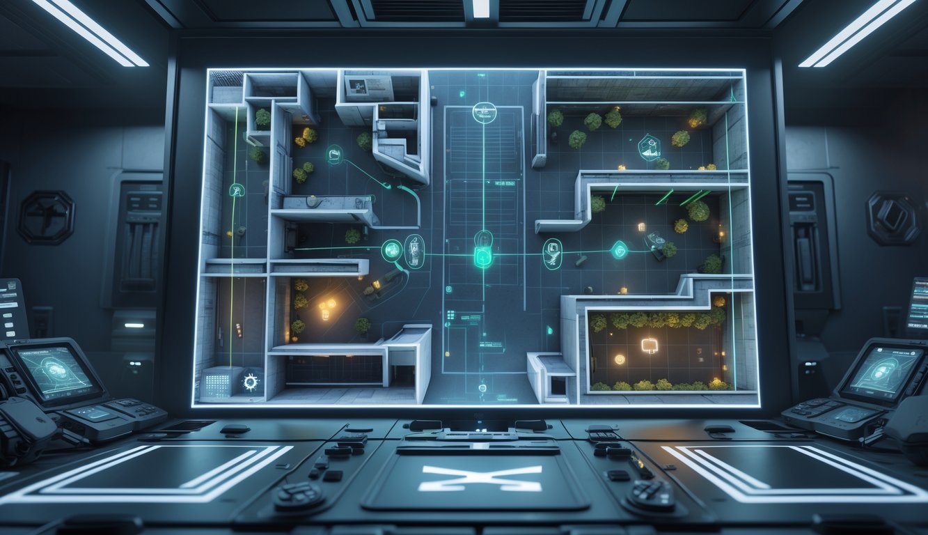Pemandangan peta taktis futuristik dengan tampilan 3D di pusat komando modern, menampilkan lingkungan perkotaan dengan jalur dan titik strategis.
