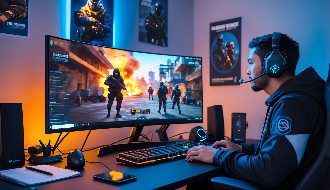 Seorang gamer sedang duduk di depan komputer dengan layar besar yang menampilkan permainan Rainbow Six Siege terbaru, dikelilingi oleh perlengkapan gaming di ruangan yang terang.